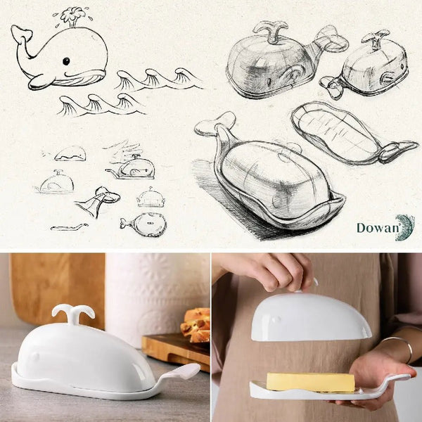 Collage of a whale-shaped butter dish with design sketches and usage examples.