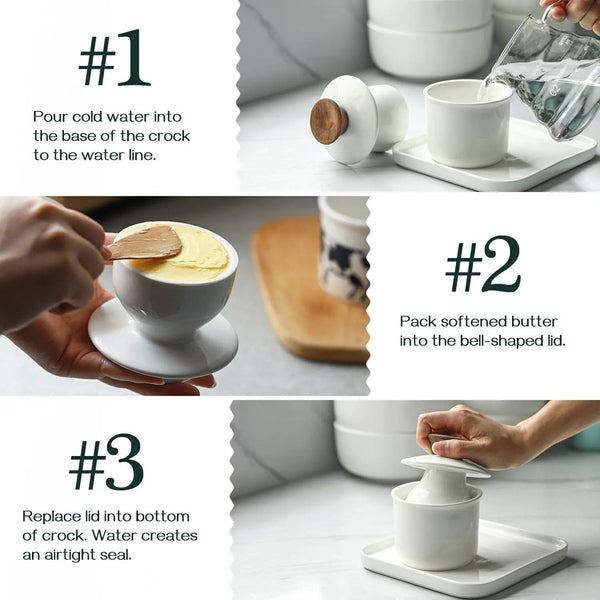 Step-by-step guide on using a white ceramic crock with a wooden lid.