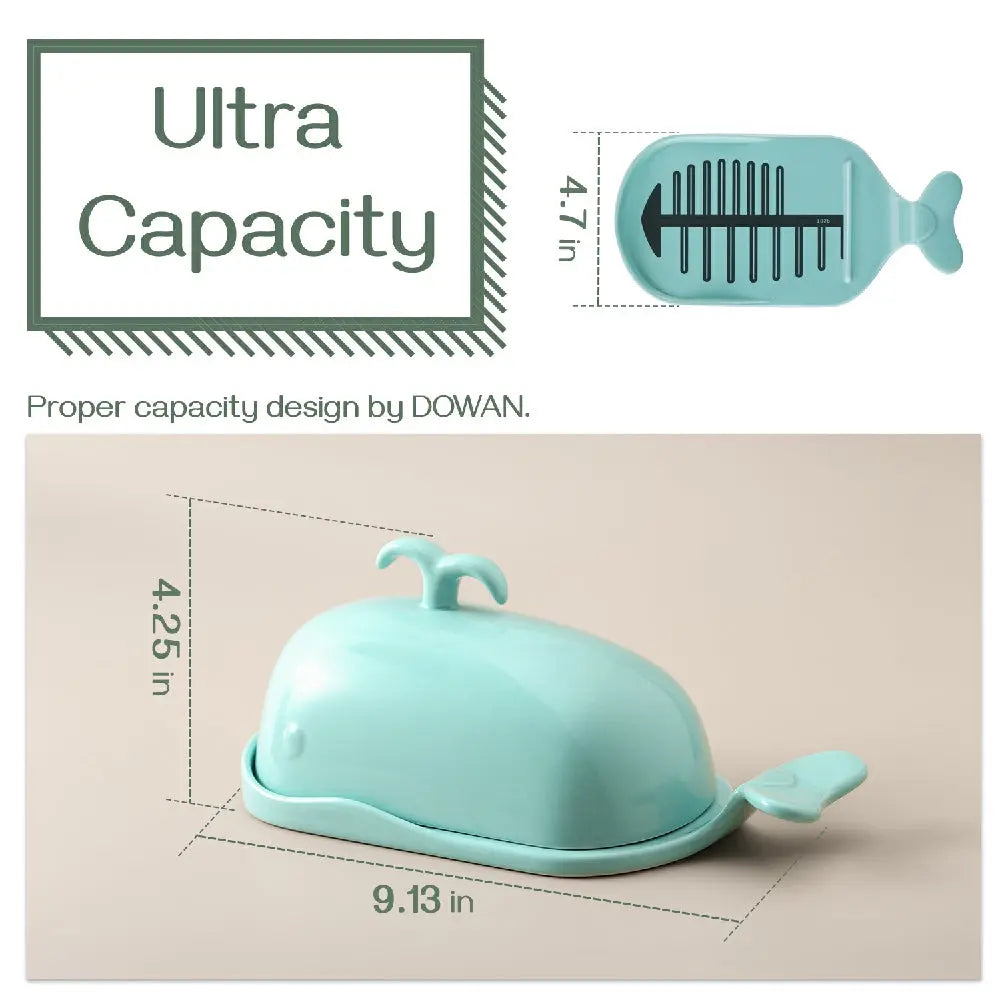 Ceramic Butter Dish with Lid Handle Measuring Line - Large Turquoise Whale.