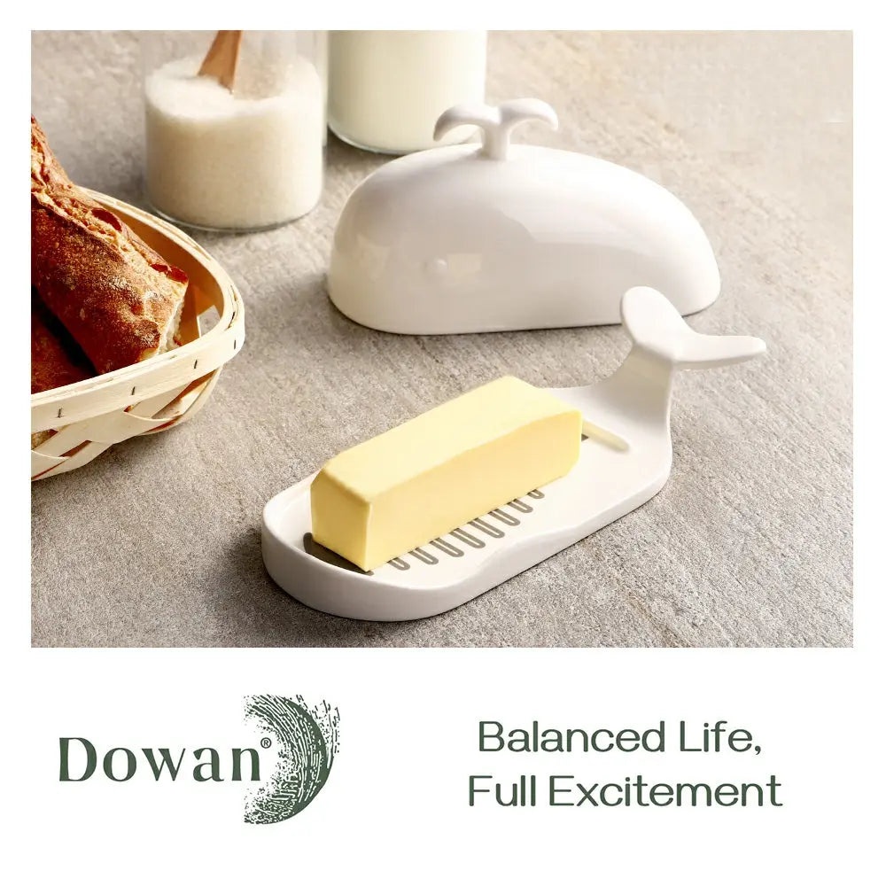 Ceramic Butter Dish with Measurement Line and Lid  - White Dolphin.