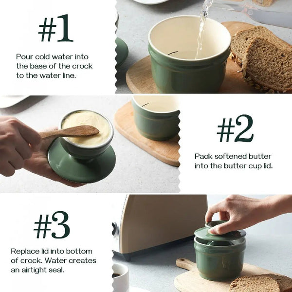 Instructions for using a ceramic butter crock with images of the process.