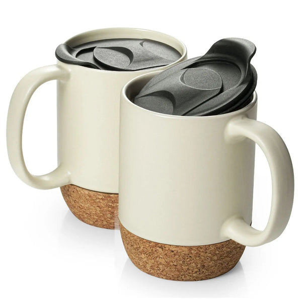 Porcelain Coffee Mugs with Cork Bottom - Set of 2 - Drinkware