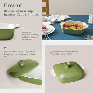 Green baking tray with lid on a table setting, highlighting features like non-slip handle and multi-functionality.
