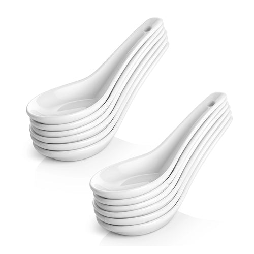 Juego de 12 cucharas de sopa de cerámica de 4,3 pulgadas de color blanco
