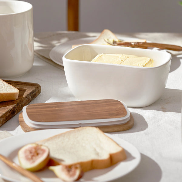 Ceramic Butter Dish with Wooden Lid - Set of 1