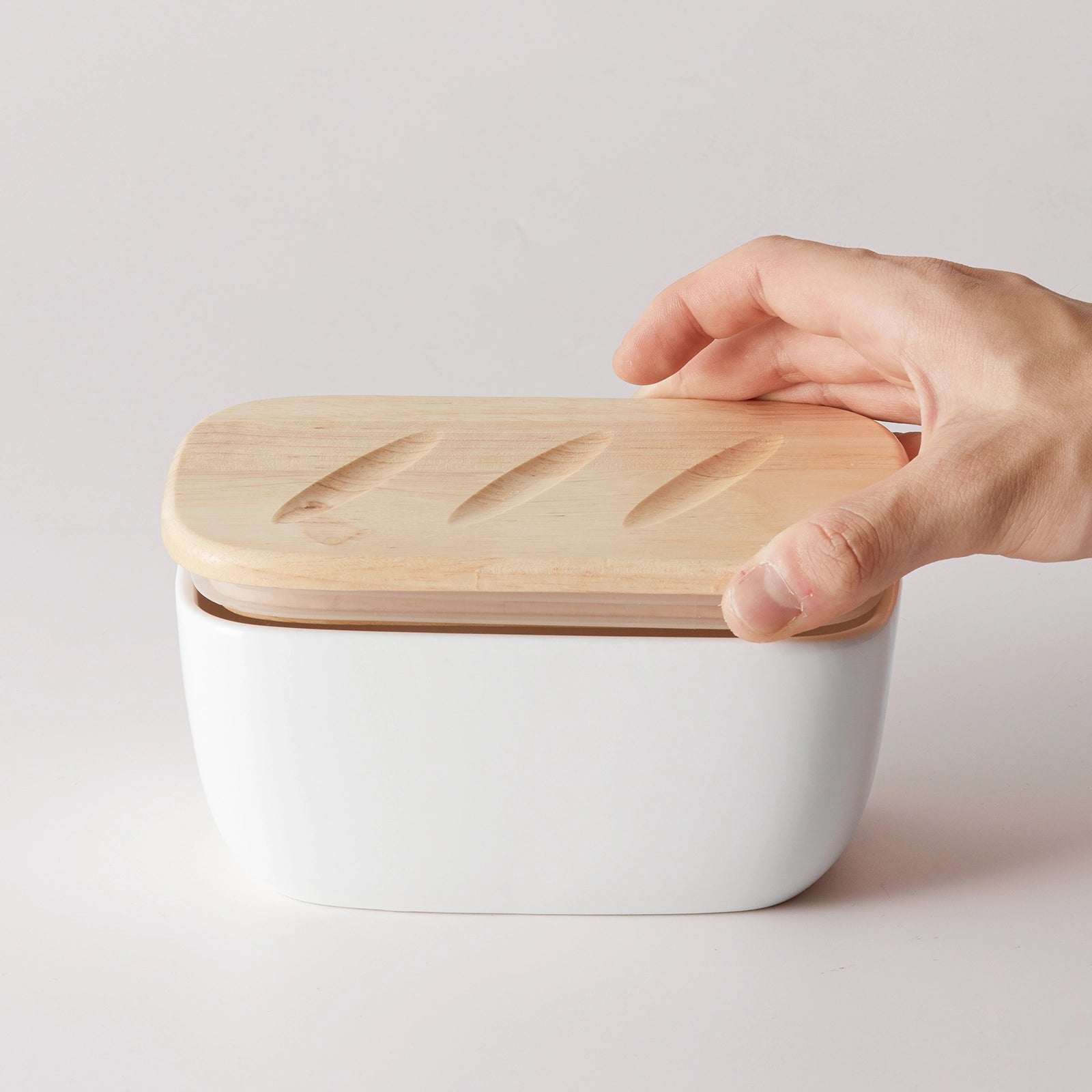 Ceramic Butter Dish with Wooden Lid - Set of 1 - Thumbnail 4