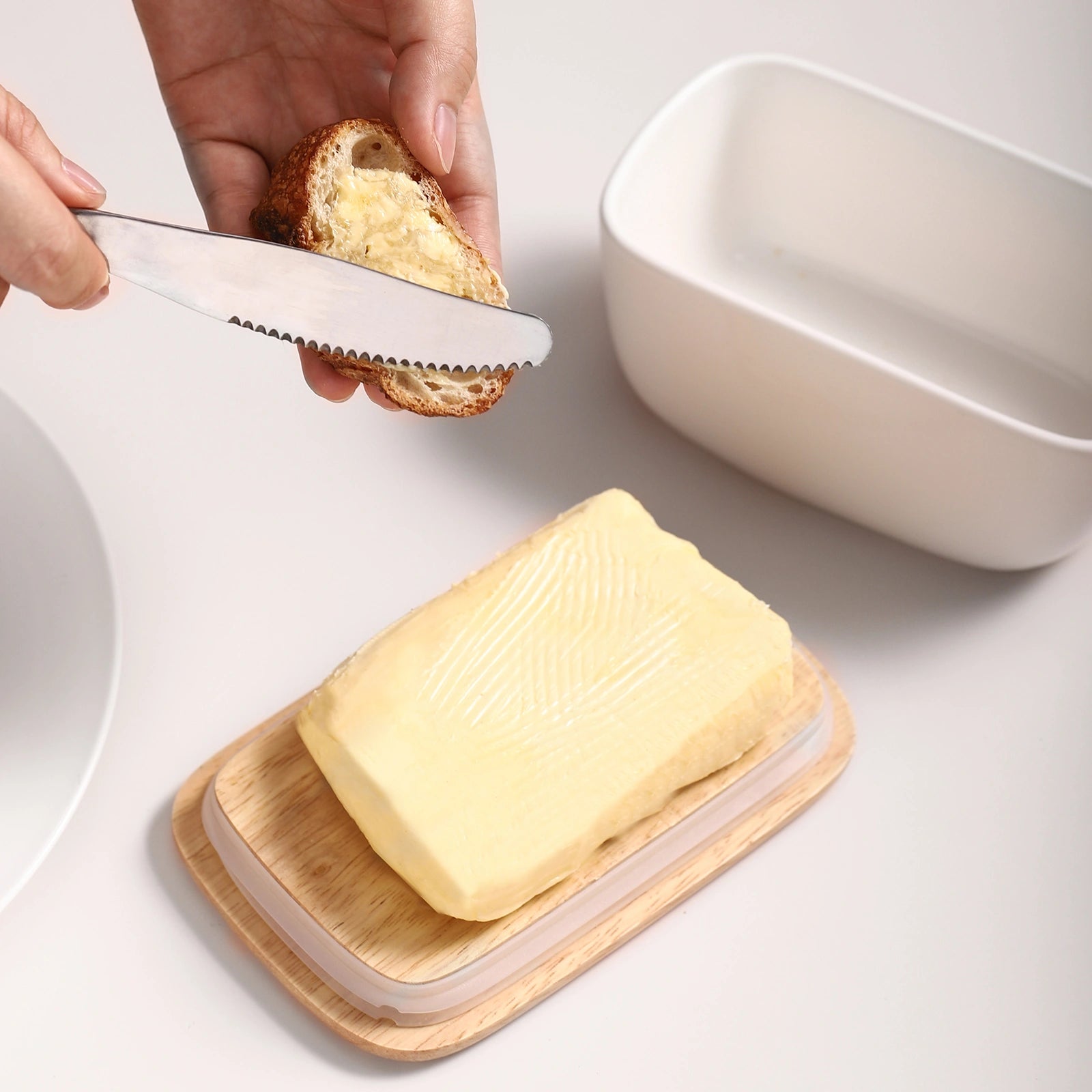 Ceramic Butter Dish with Wooden Lid - Set of 1 - Thumbnail 3