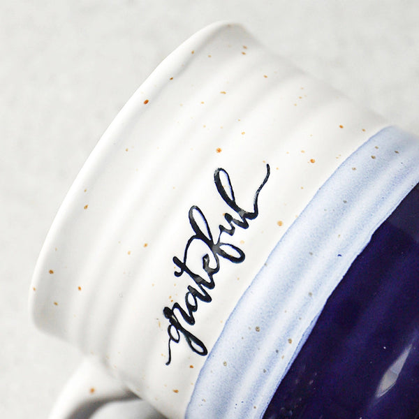 Blue Ceramic Coffee Mugs set of 2 detail, grateful printing