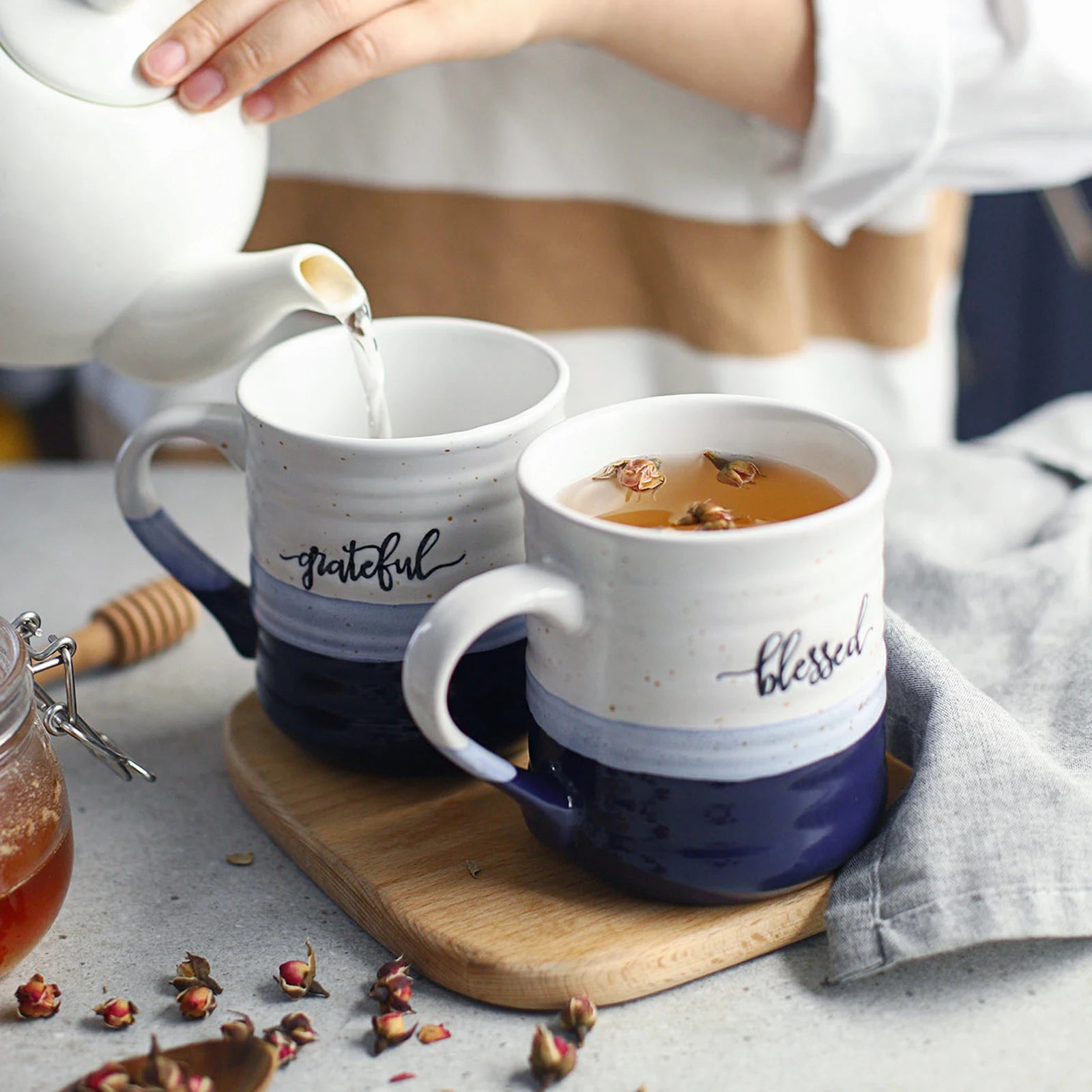 Blue Ceramic Coffee Mugs with Gratitude Text - Set of 2 - Thumbnail 2