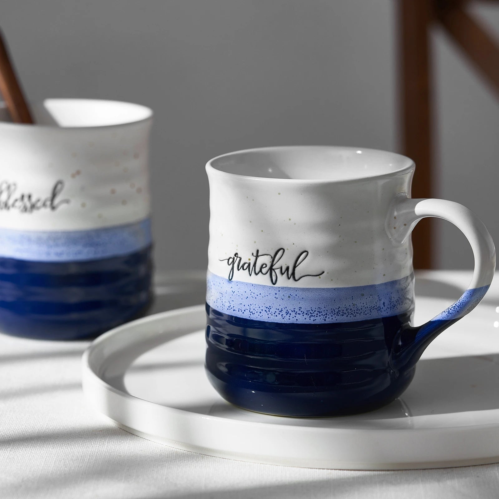 Blue Ceramic Coffee Mugs with Gratitude Text - Set of 2 - Thumbnail 3
