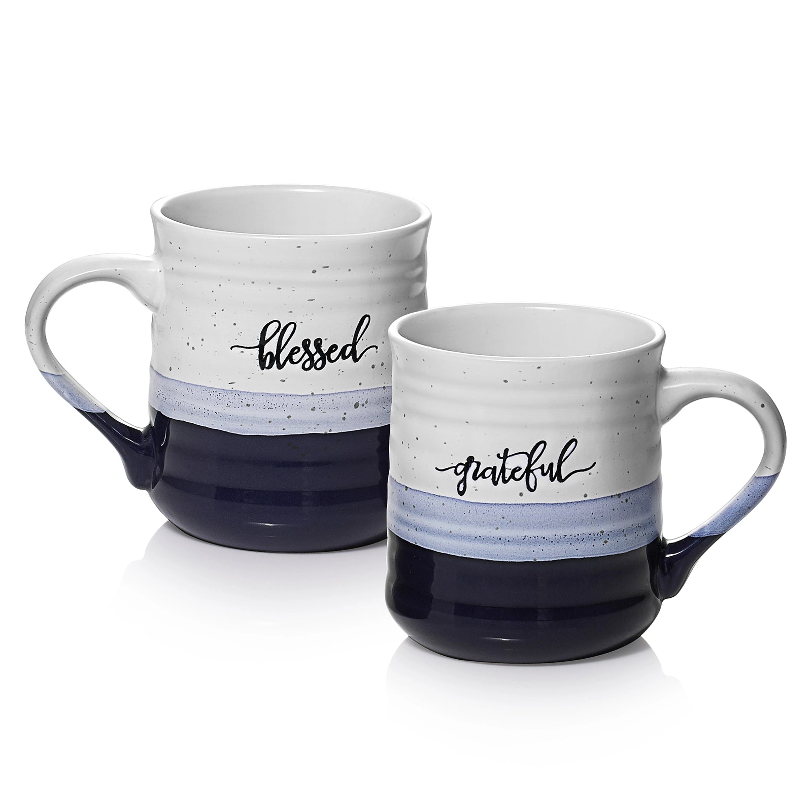 Blue Ceramic Coffee Mugs with Gratitude Text - Set of 2