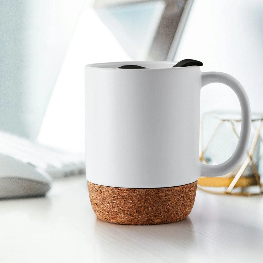DOWAN 15 oz Coffee Mug, Set of 2 Large Ceramic Mugs- Insulated Cork & Lid, Matte Grey