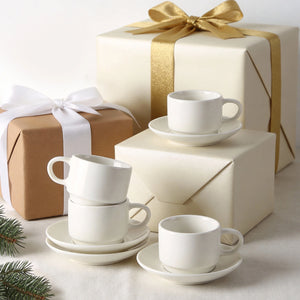White Ceramic Coffee Cups and Saucers - Set of 4