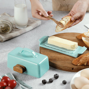 Blue Butter Dish with Wooden Knife - Set of 1