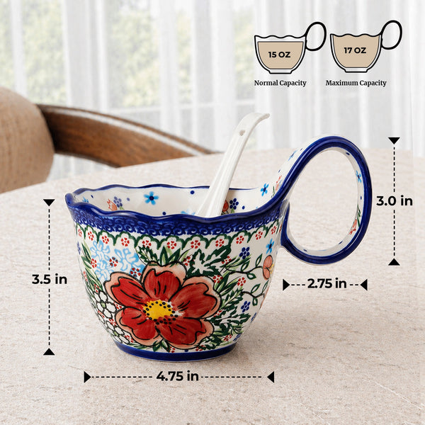 Hibiscus Polish Floral Soup Bowl with Handle - Set of 1