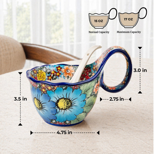 Blue Polish Floral Soup Bowl with Handle - Set of 1