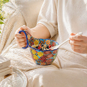 Blue Polish Floral Soup Bowl with Handle - Set of 1