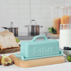 Blue Butter Dish with Wooden Knife - Set of 1