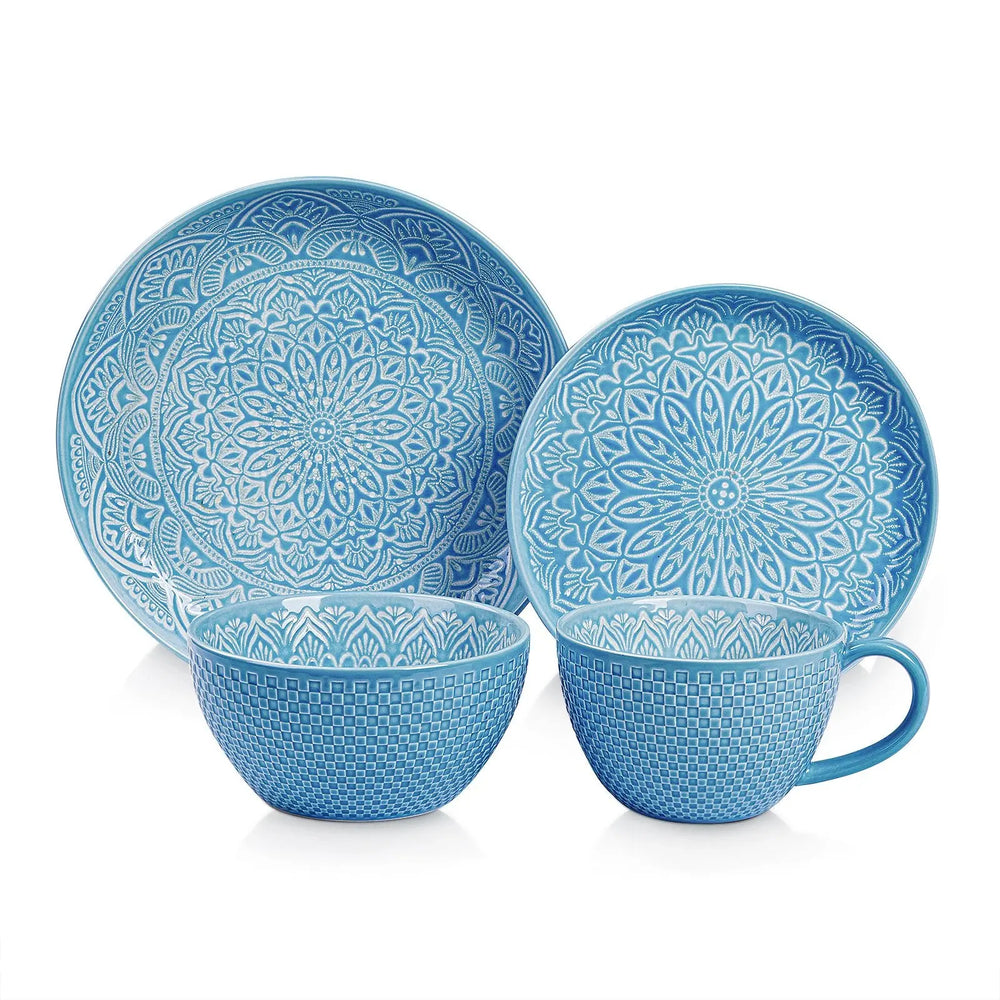 4-Piece Blue Mandala Cameo Colorful Dinnerware Set