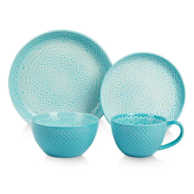 4-Piece,Lake Blue Mandala Cameo Cover Colorful Tableware Set