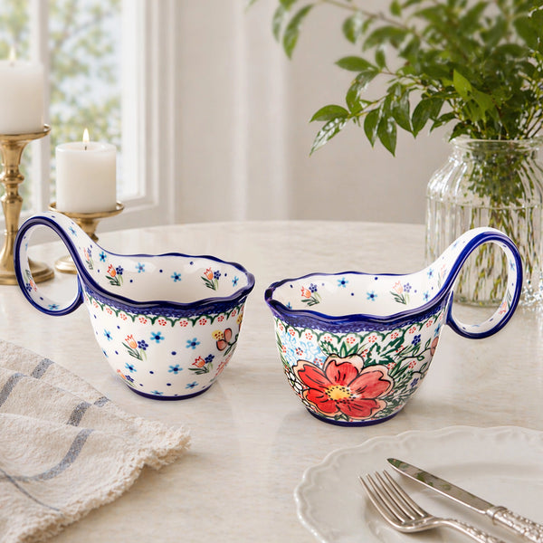 Hibiscus Polish Floral Soup Bowl with Handle - Set of 1