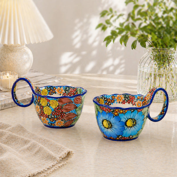 Blue Polish Floral Soup Bowl with Handle - Set of 1