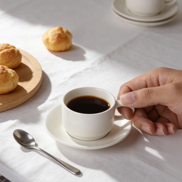 White Ceramic Coffee Cups and Saucers - Set of 4