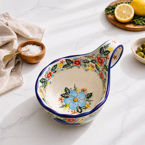 Blue Polish Floral Soup Bowl with Handle - Set of 1