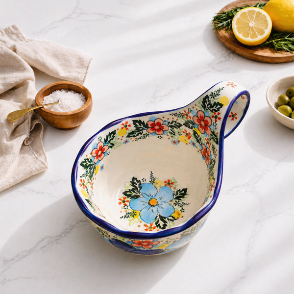 Blue Polish Floral Soup Bowl with Handle - Set of 1