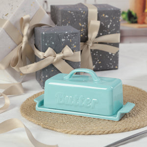 Blue Butter Dish with Wooden Knife - Set of 1