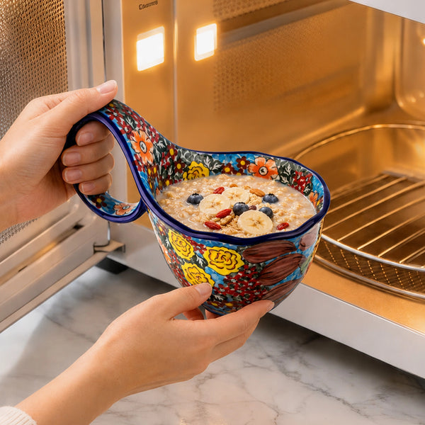 Blue Polish Floral Soup Bowl with Handle - Set of 1