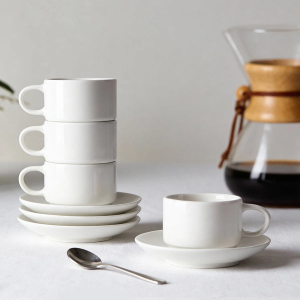 White Ceramic Coffee Cups and Saucers - Set of 4