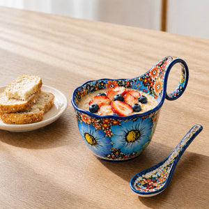 Blue Polish Floral Soup Bowl with Handle - Set of 1