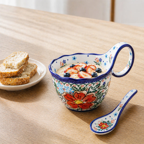 Hibiscus Polish Floral Soup Bowl with Handle - Set of 1