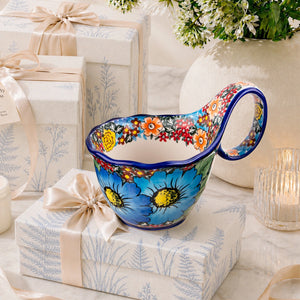 Blue Polish Floral Soup Bowl with Handle - Set of 1