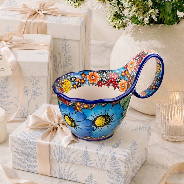Blue Polish Floral Soup Bowl with Handle - Set of 1