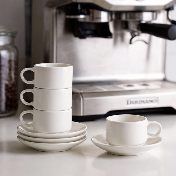 White Ceramic Coffee Cups and Saucers - Set of 4