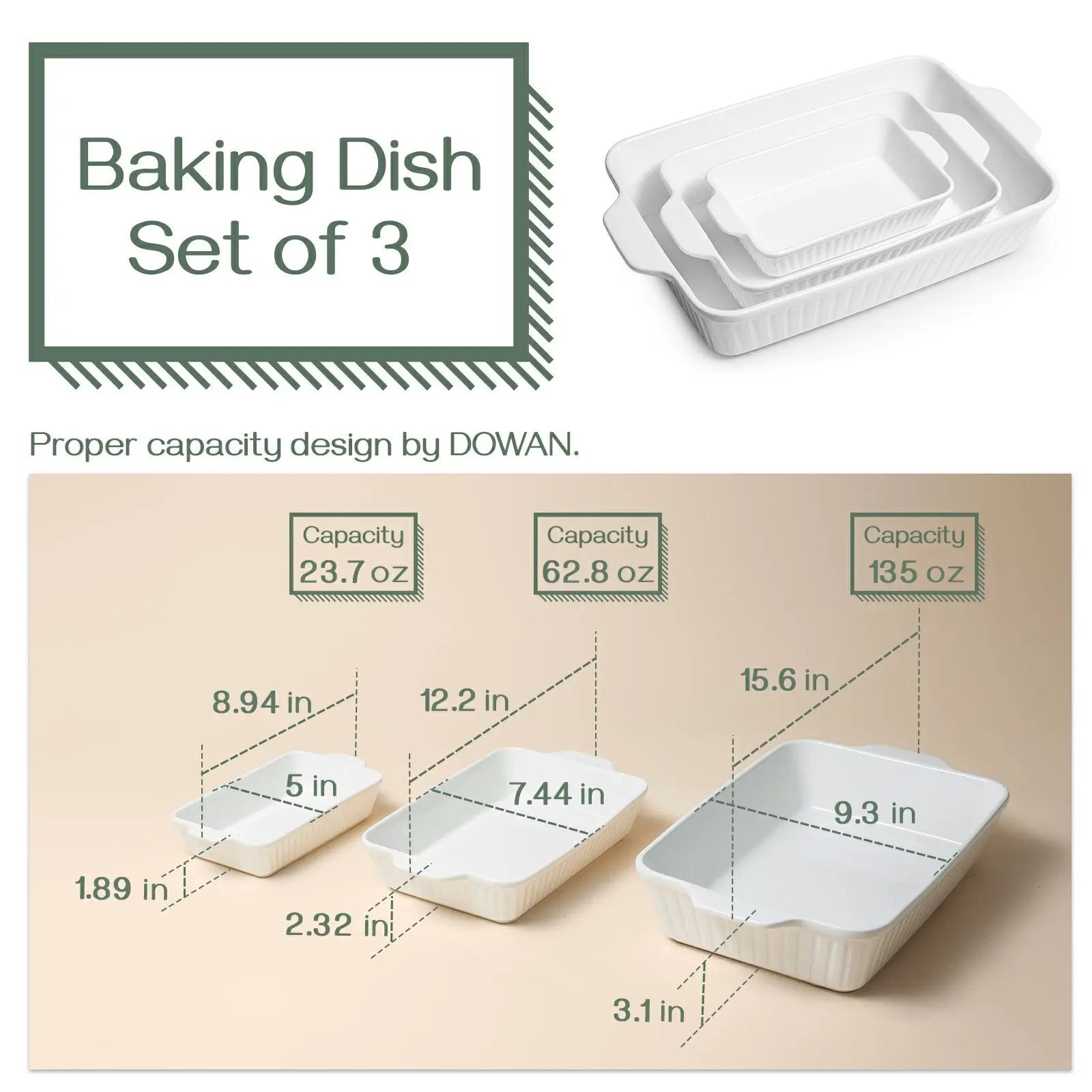 Dowan Ceramic Baking Dishes for Oven - Set of 3 (15.6''/12.2''/8.9
