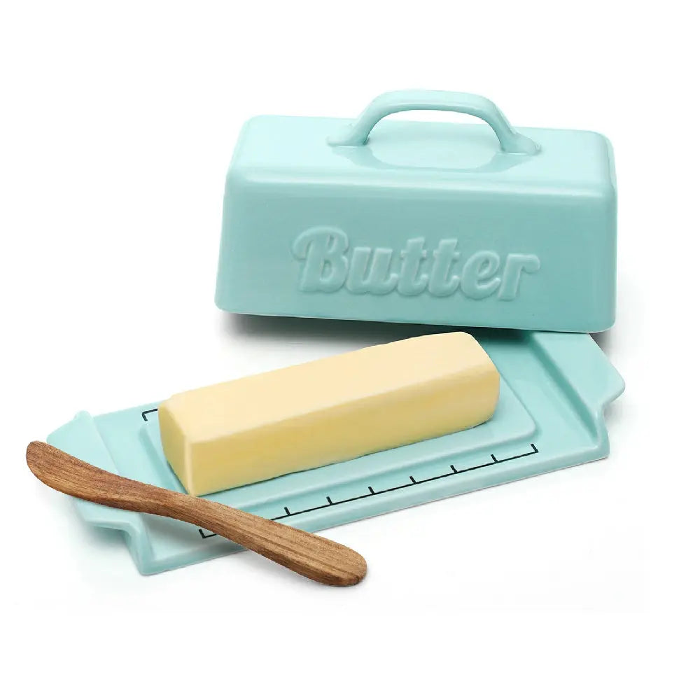 Ceramic Butter Dish Container with Lid Wooden Knife - Mini Turquoise.