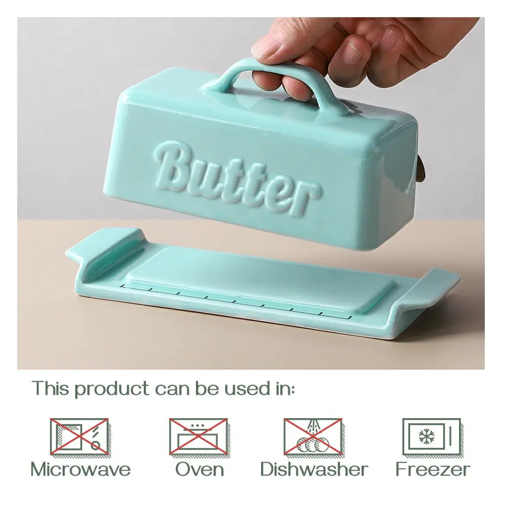 Ceramic Butter Dish Container with Lid Wooden Knife - Mini Turquoise.