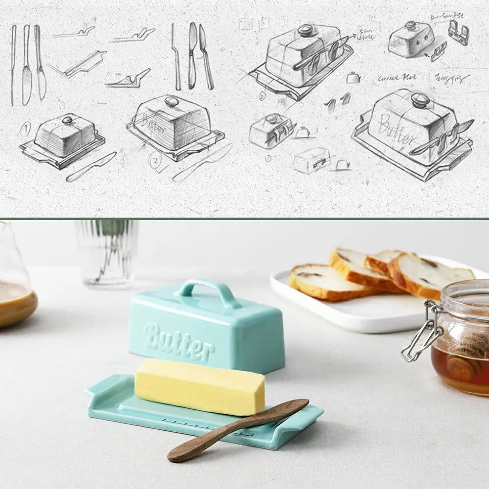 Ceramic Butter Dish Container with Lid Wooden Knife - Mini Turquoise.