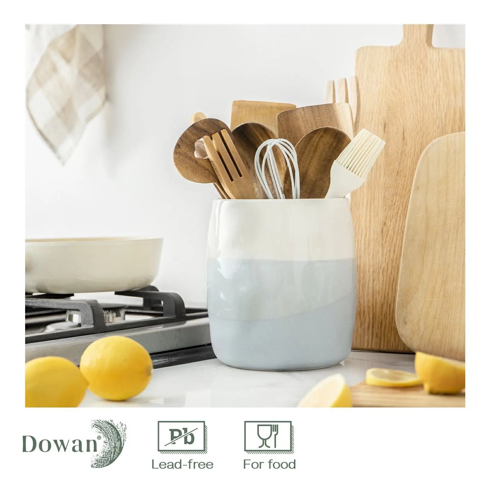 DOWAN Kitchen Utensil Holder, 7.2″ Large Ceramic Utensil Crock, Industrial  Style Kitchen Décor, Deep and Stable, Easy to Clean, Grey 