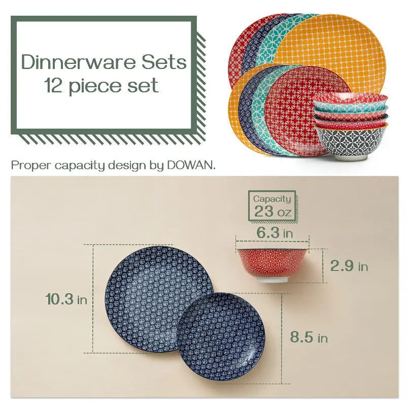 Ceramic Plate and Bowl Set - Set of 12