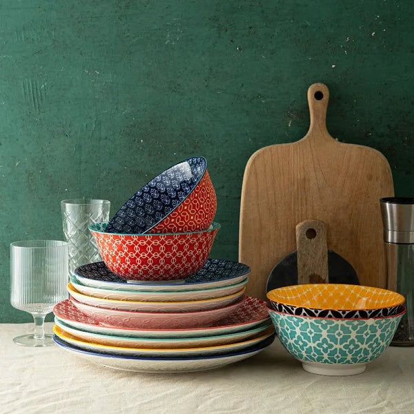 Ceramic Plate and Bowl Set - Set of 12