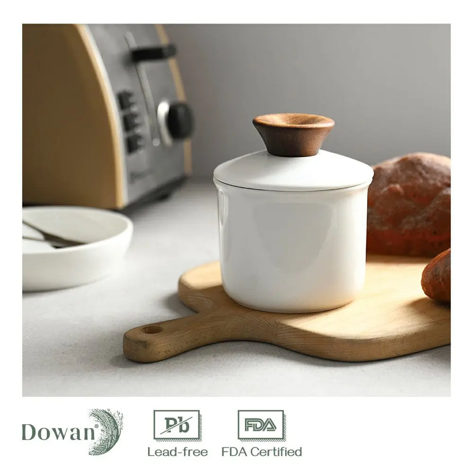 DOWAN Porcelain Butter Keeper Crock, French Butter Crock with Wood Knob Lid,  Butter Dish for Soft Butter, White 