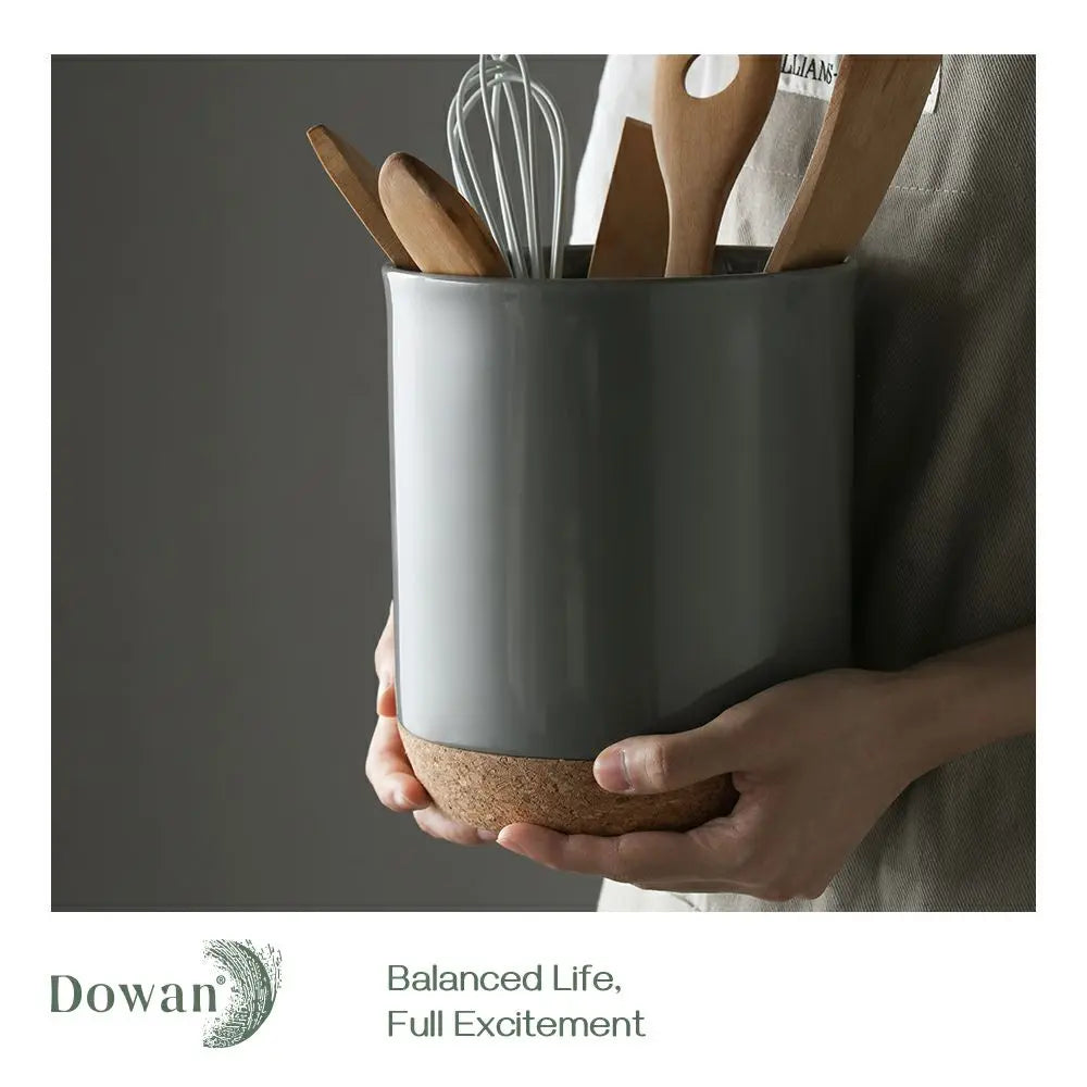Kitchen Large Ceramic Utensil Holder Crock - 7.2 Inches Grey.