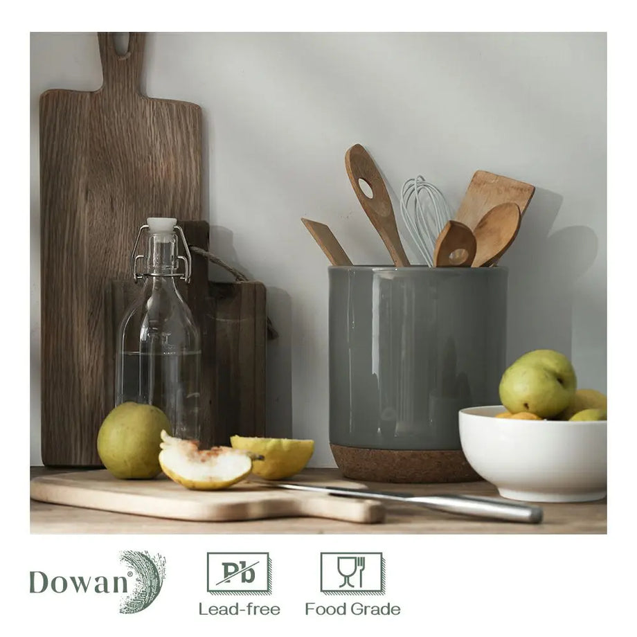 DOWAN 7.2″ Extra Large Kitchen Utensil Holder - Farmhouse Utensil Holder  for Countertop - Ceramic Utensil Crock with Protection Cork Mat - Kitchen