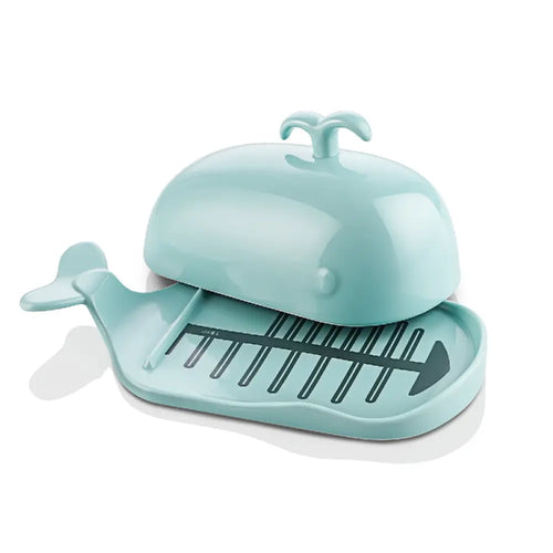 Ceramic Butter Dish with Lid Handle Measuring Line - Large Turquoise Whale.