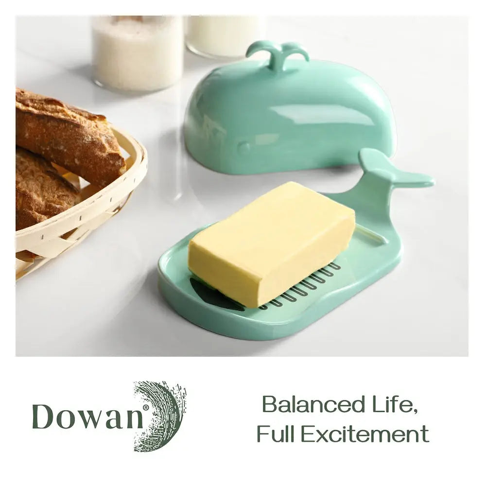 Ceramic Butter Dish with Lid Handle Measuring Line - Large Turquoise Whale.