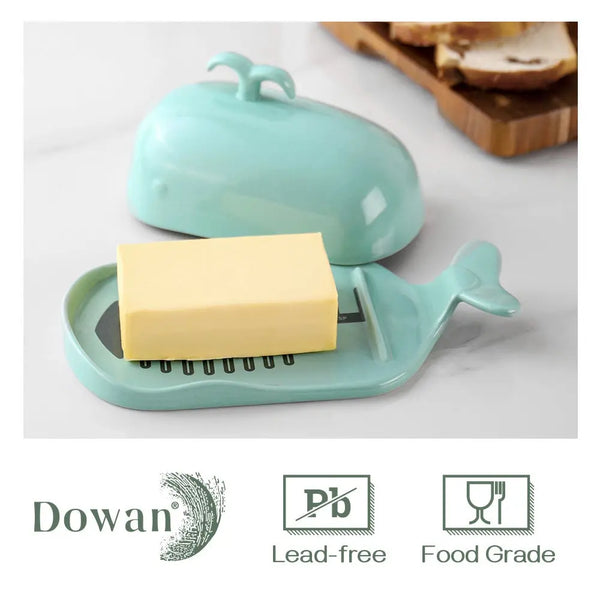 Ceramic Butter Dish with Lid Handle Measuring Line - Large Turquoise Whale.
